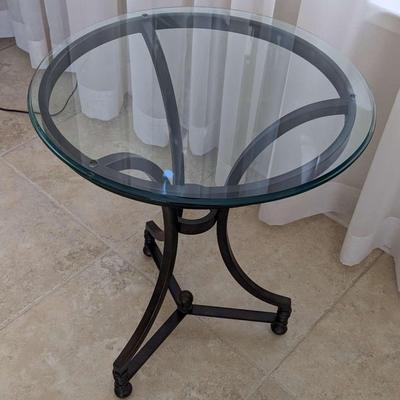 25" Round Iron Side Table with Curved Legs and Beveled Glass Top