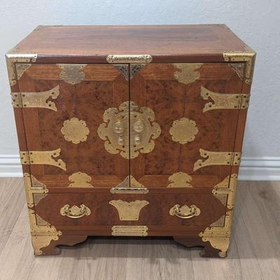 Japanese Tansu Chest with Burl Wood Inlay & Brass  