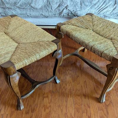 Vintage French Style Wood & Rush Seating Benches (set of 2)  