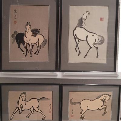 Set Of 4 Framed Japanese Woodblock Prints Of Horses By Urushiba Mokuchi (1888-1953)