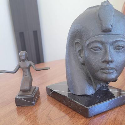 "Priest In Prayer" Egyptian Statue & "Head Of Tutankhamun" Sculpture. Moulage Du Louvre.