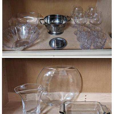 Plastic Wine Glasses, Scotch/Whiskey Glasses, Glass Vases, Anchor Hocking Casserole, Metal Colander 