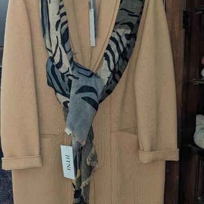 ROSSO35 Shawl Collar Coat In Camel (Italy Sz 48 - US 14) & JITNI Quogue Wool Scarf 100%Wool