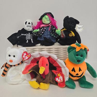 LOT 2: Fall and Halloween TY Beanie Babies Including Gobbles, Tricky, and More