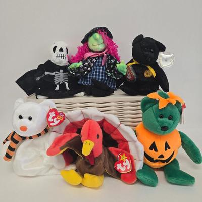 LOT 2: Fall and Halloween TY Beanie Babies Including Gobbles, Tricky, and More