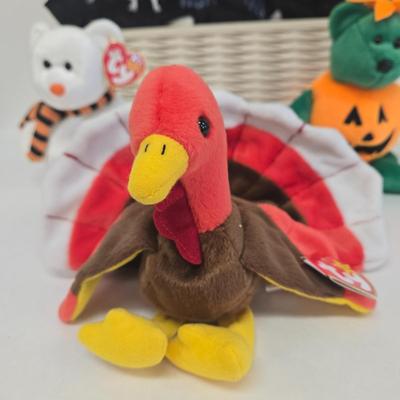 LOT 2: Fall and Halloween TY Beanie Babies Including Gobbles, Tricky, and More