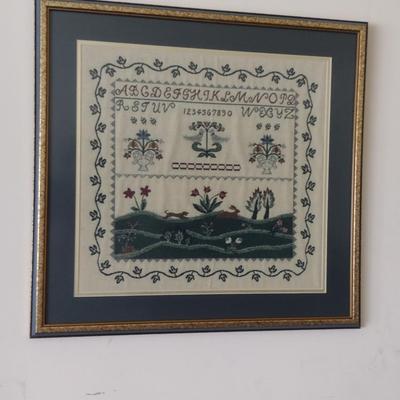 Framed Needlework Sampler- Approx 23 1/2" x 22 1/2"