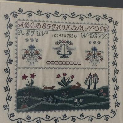 Framed Needlework Sampler- Approx 23 1/2" x 22 1/2"
