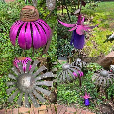 Four Metal Coneflowers Yard Art & Hummingbird Feeder (FY-MG)