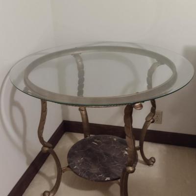 Beveled Glass Top Table with Metal Base and Granite Accent- Approx 38" in Diameter, 32" Tall