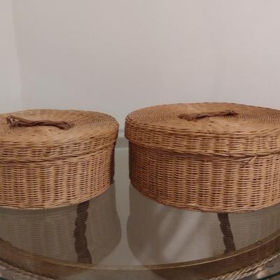 Pair of Wicker Rattan Storage Baskets with Lids