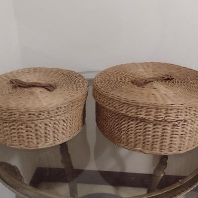 Pair of Wicker Rattan Storage Baskets with Lids