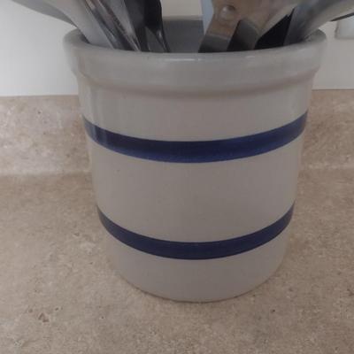Robinson Ransbottom Pottery Crock with Kitchen Utensils