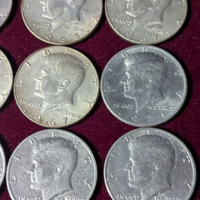 Set of Twelve - (Two) 1964 Kennedy Half Dollar 90% Silver - (Five) 1965 - 1967 U.S. Mint Kennedy 40% Silver Half Dollars & (Five)...