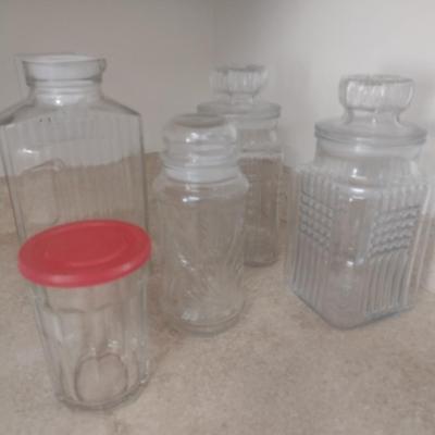 Collection of Glass Jars and Bottles Includes Luminarc, Planters and One Marked USA