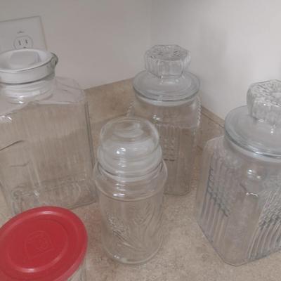 Collection of Glass Jars and Bottles Includes Luminarc, Planters and One Marked USA