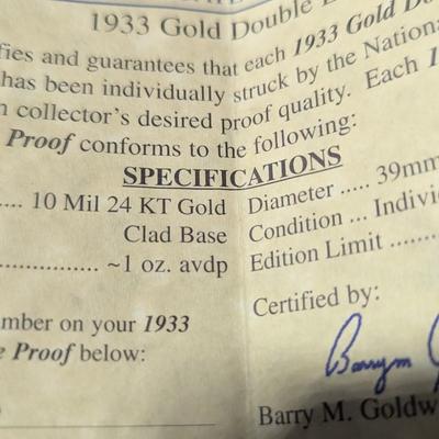 U.S. Mint 1933 Gold Double Eagle Proof MK1316 24Kt Gold Clad Base Weight 1oz w/COA (4)