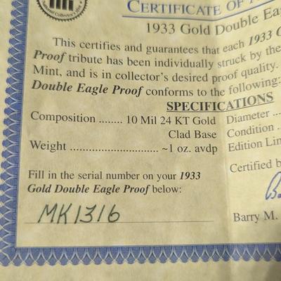 U.S. Mint 1933 Gold Double Eagle Proof MK1316 24Kt Gold Clad Base Weight 1oz w/COA (4)