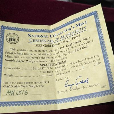 U.S. Mint 1933 Gold Double Eagle Proof MK1316 24Kt Gold Clad Base Weight 1oz w/COA (4)