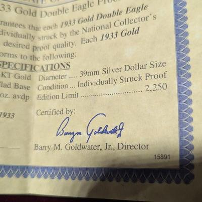 U.S. Mint 1933 Gold Double Eagle Proof MK1316 24Kt Gold Clad Base Weight 1oz w/COA (4)