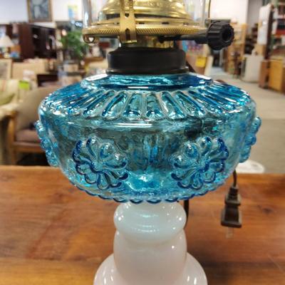Sale Photo Thumbnail #80: Converted into electronic lamp. Beautiful blue glass with milk glass base