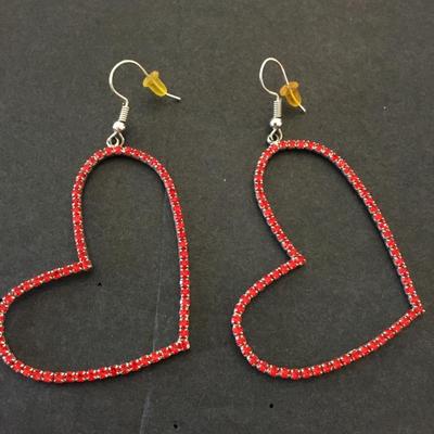 Large, vintage, red rhinestone heart earrings