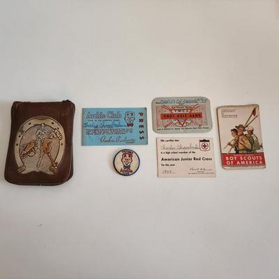 Sale Photo Thumbnail #591: This auction lot is for a Vintage Leather Child's Wallet with Contents.  The wallet itself is quite the find but the contents are also interesting.  There is an Archie's Club Membership Card with an Archie's Pin, a Boy Scout card, a Knot Hole Gang Card fr
