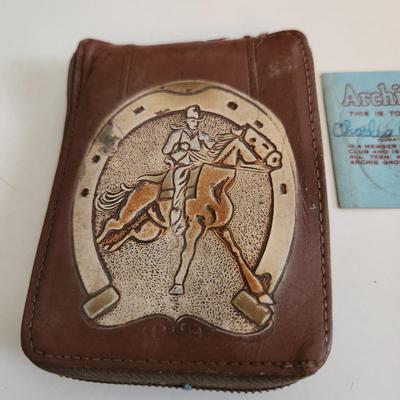Sale Photo Thumbnail #592: This auction lot is for a Vintage Leather Child's Wallet with Contents.  The wallet itself is quite the find but the contents are also interesting.  There is an Archie's Club Membership Card with an Archie's Pin, a Boy Scout card, a Knot Hole Gang Card fr