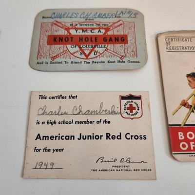 Sale Photo Thumbnail #596: This auction lot is for a Vintage Leather Child's Wallet with Contents.  The wallet itself is quite the find but the contents are also interesting.  There is an Archie's Club Membership Card with an Archie's Pin, a Boy Scout card, a Knot Hole Gang Card fr
