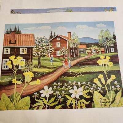 Sale Photo Thumbnail #600: This auction lot is for a Vintage Set of Four Swedish Folk Art Prints by Stina Sunesso.  Dated 1982 and produced by Aspelin Art.  They are in good condition overall with no tears - just a small crimpling in the lower left corner,  Ready for framing.  Good