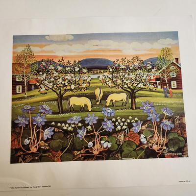 Sale Photo Thumbnail #602: This auction lot is for a Vintage Set of Four Swedish Folk Art Prints by Stina Sunesso.  Dated 1982 and produced by Aspelin Art.  They are in good condition overall with no tears - just a small crimpling in the lower left corner,  Ready for framing.  Good