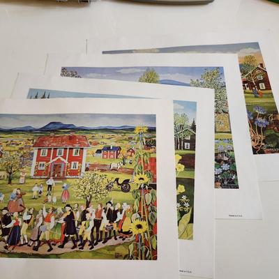 Sale Photo Thumbnail #598: This auction lot is for a Vintage Set of Four Swedish Folk Art Prints by Stina Sunesso.  Dated 1982 and produced by Aspelin Art.  They are in good condition overall with no tears - just a small crimpling in the lower left corner,  Ready for framing.  Good