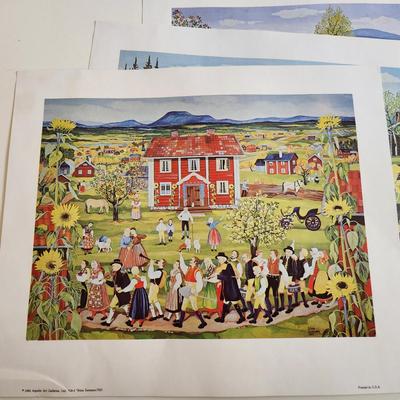 Sale Photo Thumbnail #599: This auction lot is for a Vintage Set of Four Swedish Folk Art Prints by Stina Sunesso.  Dated 1982 and produced by Aspelin Art.  They are in good condition overall with no tears - just a small crimpling in the lower left corner,  Ready for framing.  Good