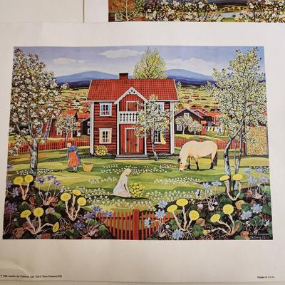 Sale Photo Thumbnail #601: This auction lot is for a Vintage Set of Four Swedish Folk Art Prints by Stina Sunesso.  Dated 1982 and produced by Aspelin Art.  They are in good condition overall with no tears - just a small crimpling in the lower left corner,  Ready for framing.  Good