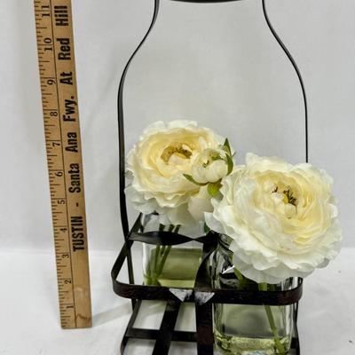 French Country Style Metal 4 Compartment Bottle Holder with 2 Faux Bed Vases