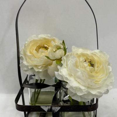 French Country Style Metal 4 Compartment Bottle Holder with 2 Faux Bed Vases