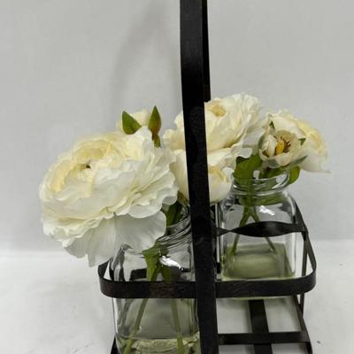 French Country Style Metal 4 Compartment Bottle Holder with 2 Faux Bed Vases