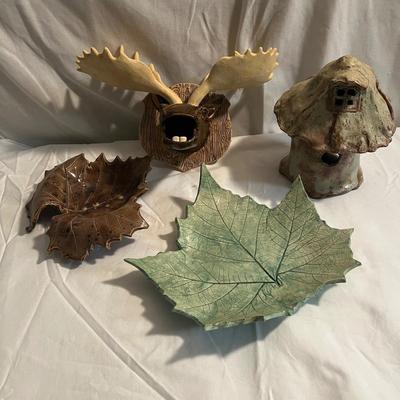 Signed Pottery - Gnome House, Moose & Leaf Dishes (LR-RG)