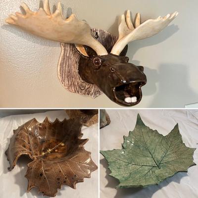 Signed Pottery - Gnome House, Moose & Leaf Dishes (LR-RG)
