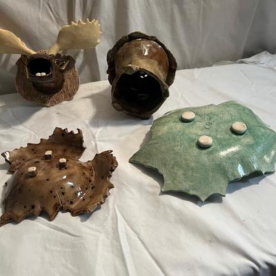 Signed Pottery - Gnome House, Moose & Leaf Dishes (LR-RG)