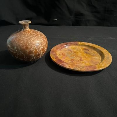 Signed Crystalline Glazed Pottery Vase & Marble Plate (LR-RG)