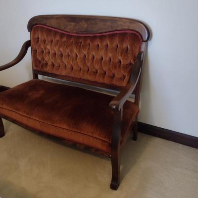 Antique Wood Bench with Upholstered Seat and Tufted Button Back- Approx 49" Long