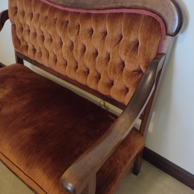 Antique Wood Bench with Upholstered Seat and Tufted Button Back- Approx 49" Long