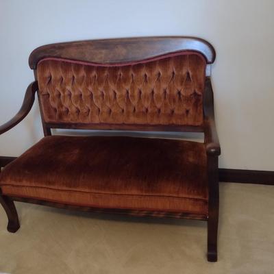 Antique Wood Bench with Upholstered Seat and Tufted Button Back- Approx 49" Long