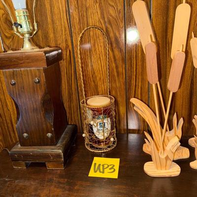 Sale Photo Thumbnail #12: Cattail wooden sculptures, glassware, lamp, etc.