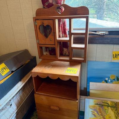 Sale Photo Thumbnail #40: Shelf and small side table. See photos for damage. Side table drawer also has some staining inside.