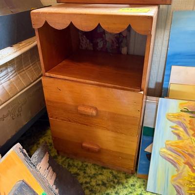 Sale Photo Thumbnail #42: Shelf and small side table. See photos for damage. Side table drawer also has some staining inside.