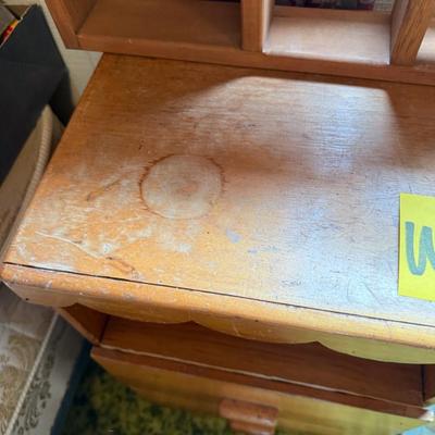 Sale Photo Thumbnail #43: Shelf and small side table. See photos for damage. Side table drawer also has some staining inside.