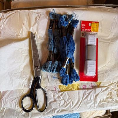 Sale Photo Thumbnail #59: Three boxes of yarn, scissors, embroidery floss, elastic