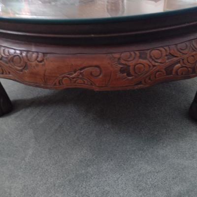 Round, Hand Carved Asian Coffee Table with Glass Top- Approx 36" Wide